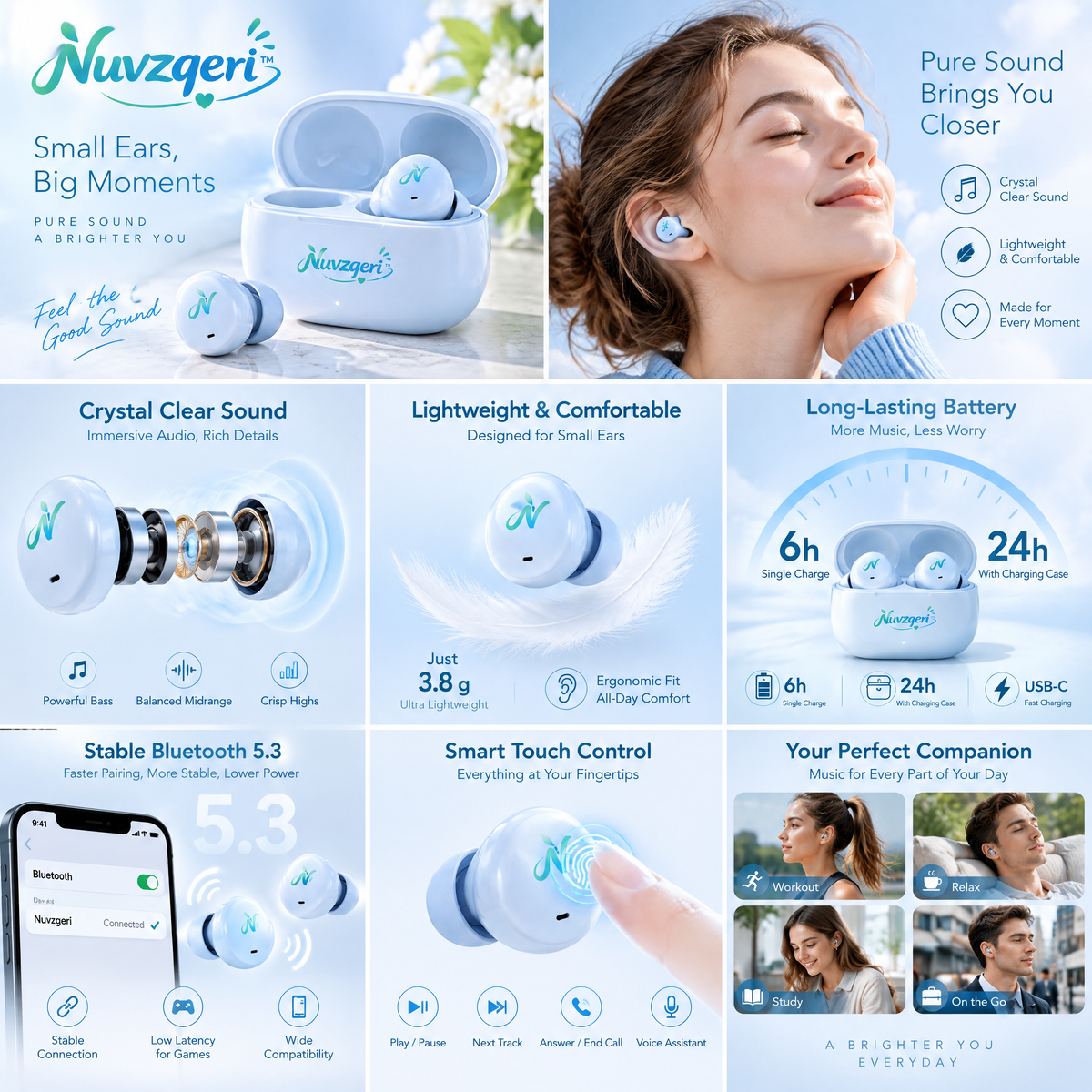 Nuvzqeri™ Compact True Wireless Earbuds - Sky Blue — feature overview