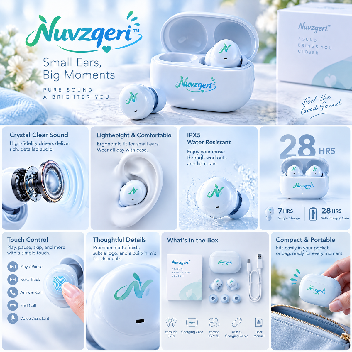 Nuvzqeri™ Compact True Wireless Earbuds - Sky Blue — design and product details