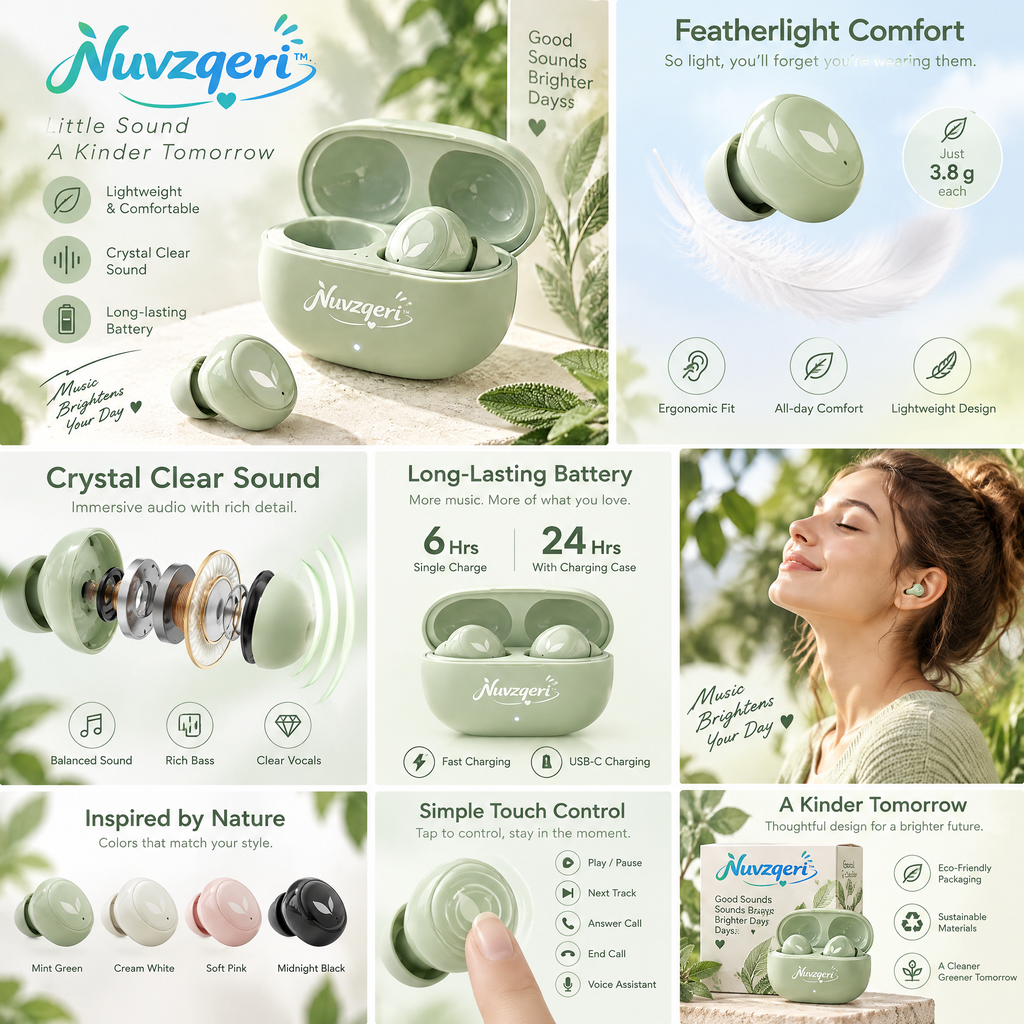 Nuvzqeri™ Compact True Wireless Earbuds - Sage Green — feature overview