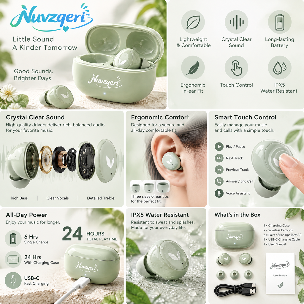 Nuvzqeri™ Compact True Wireless Earbuds - Sage Green — design and product details