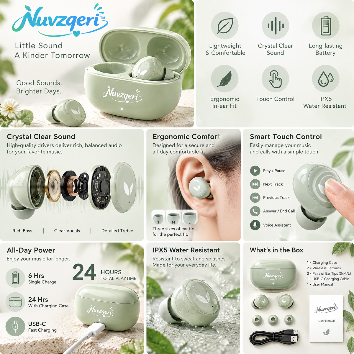 Nuvzqeri™ Compact True Wireless Earbuds - Sage Green — design and product details