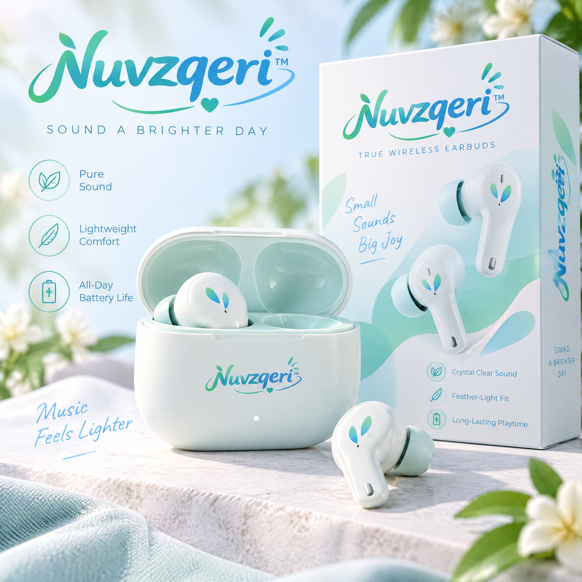 Nuvzqeri™ Stem True Wireless Earbuds - White & Mint — product overview