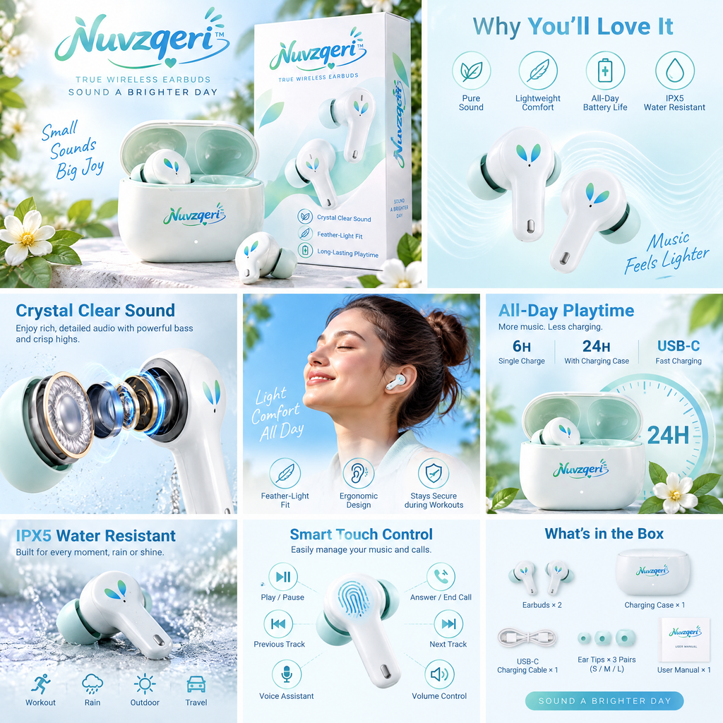 Nuvzqeri™ Stem True Wireless Earbuds - White & Mint — feature overview