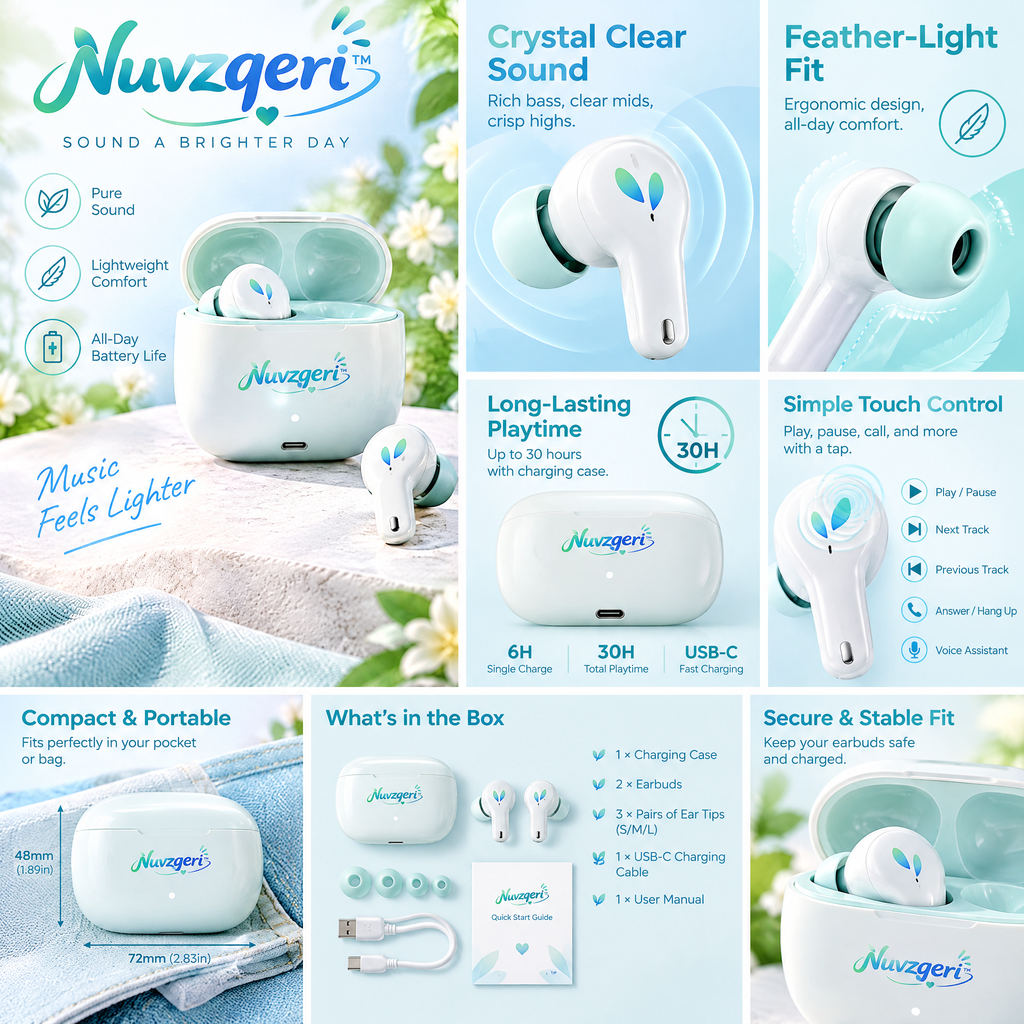 Nuvzqeri™ Stem True Wireless Earbuds - White & Mint — design and product details