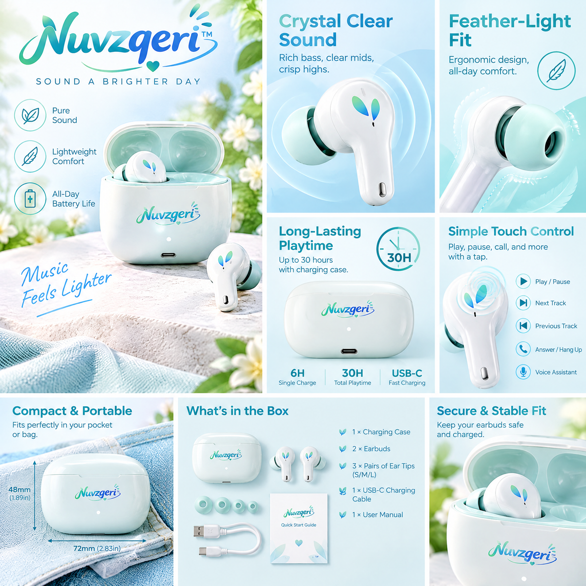 Nuvzqeri™ Stem True Wireless Earbuds - White & Mint — design and product details