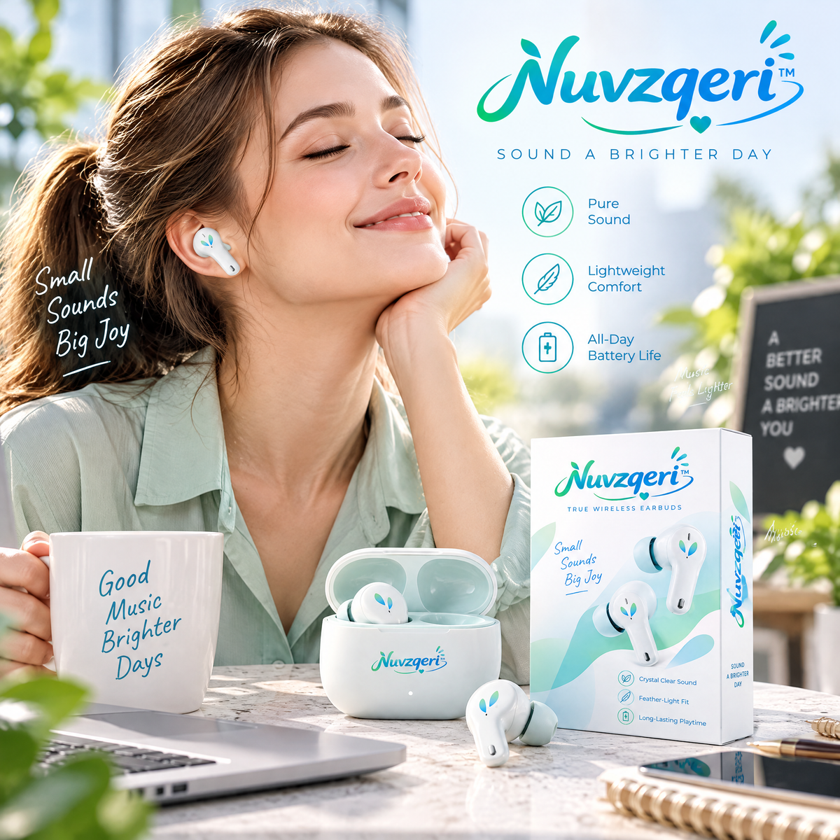 Nuvzqeri™ Stem True Wireless Earbuds - White & Mint — lifestyle photo