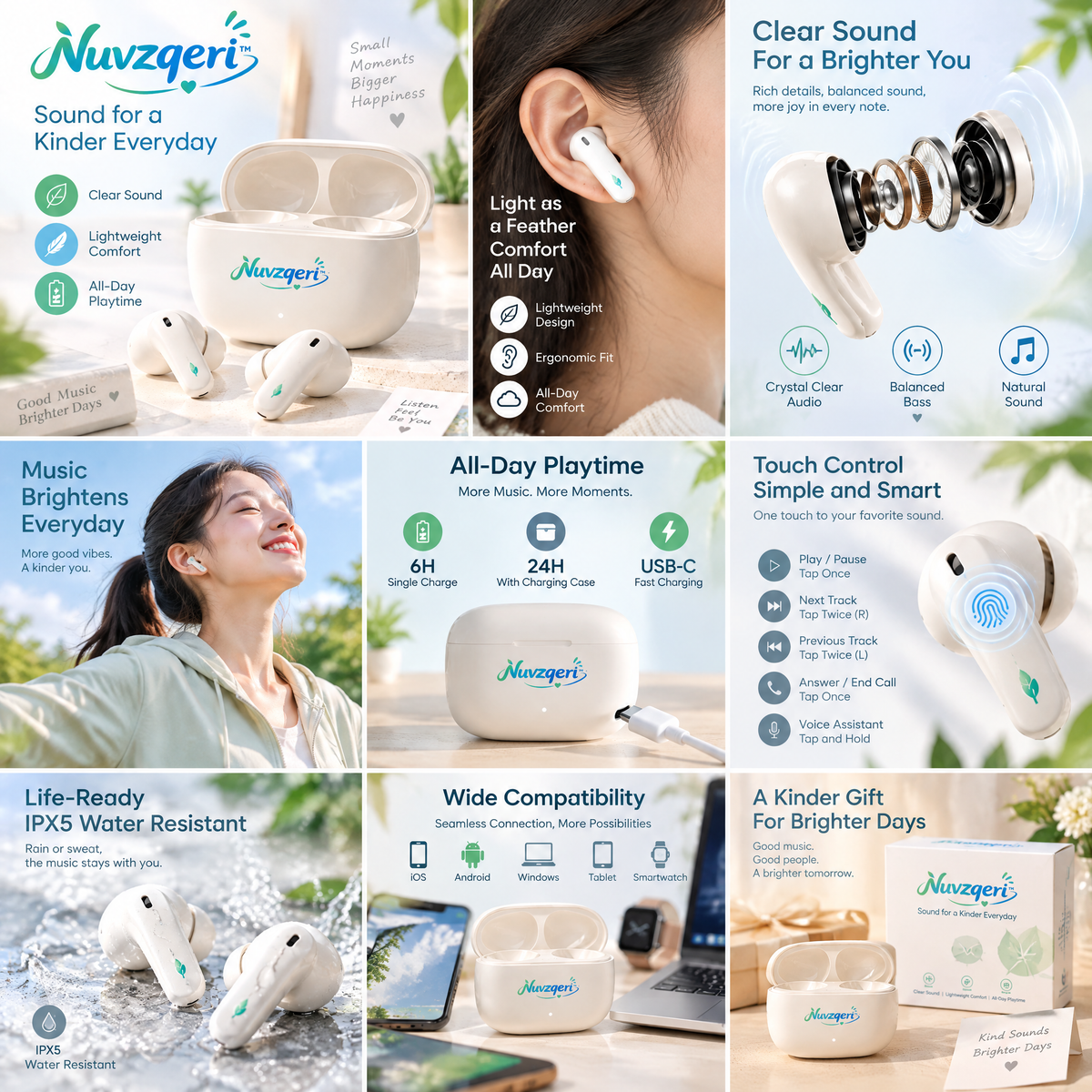 Nuvzqeri™ Stem True Wireless Earbuds - Ivory — feature overview
