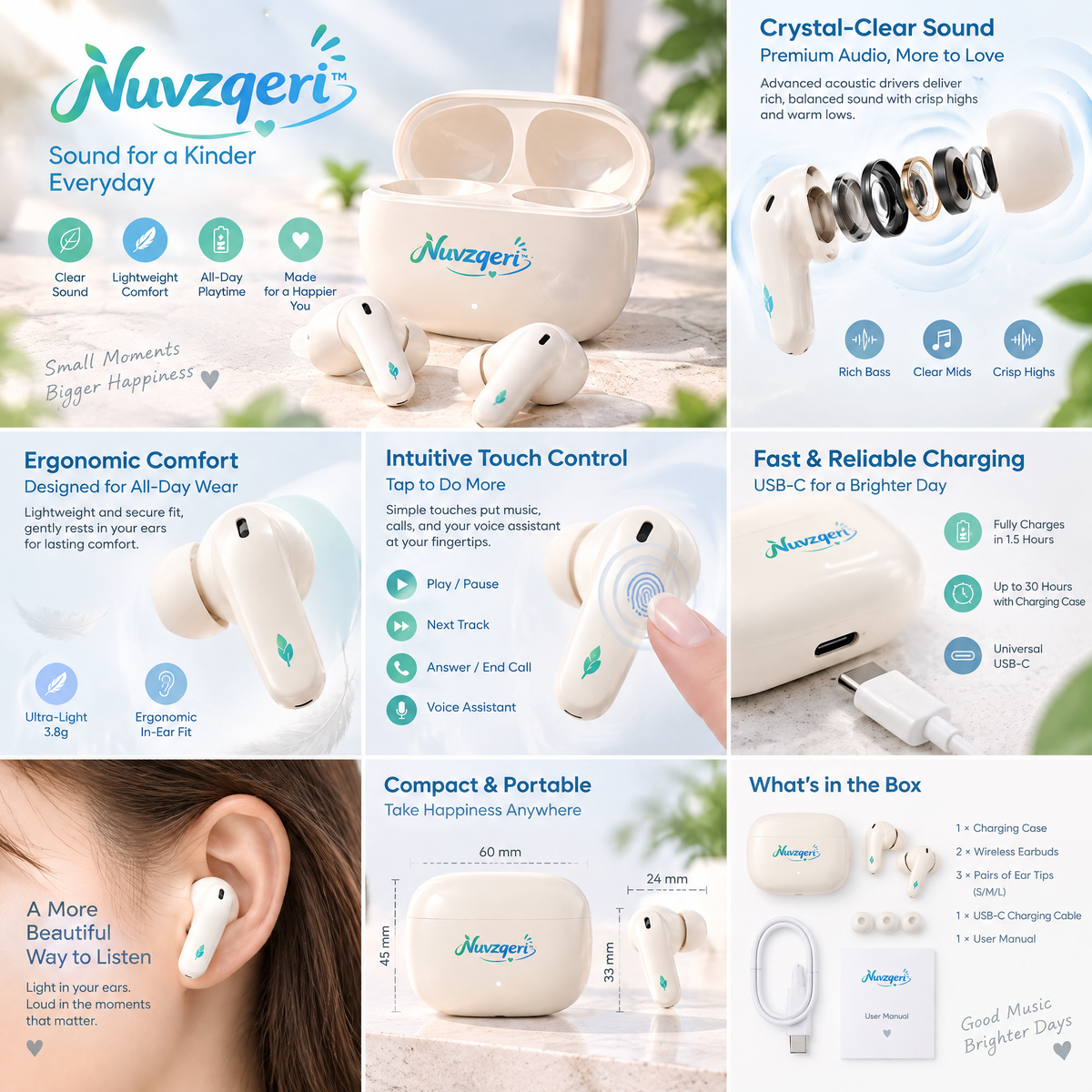 Nuvzqeri™ Stem True Wireless Earbuds - Ivory — design and product details