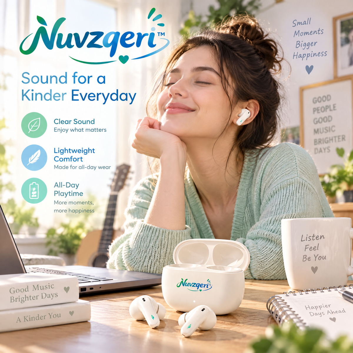 Nuvzqeri™ Stem True Wireless Earbuds - Ivory — lifestyle photo
