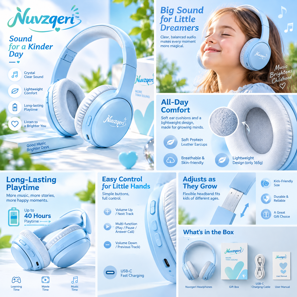 Nuvzqeri™ Wireless Over-Ear Headphones - Sky Blue — feature overview