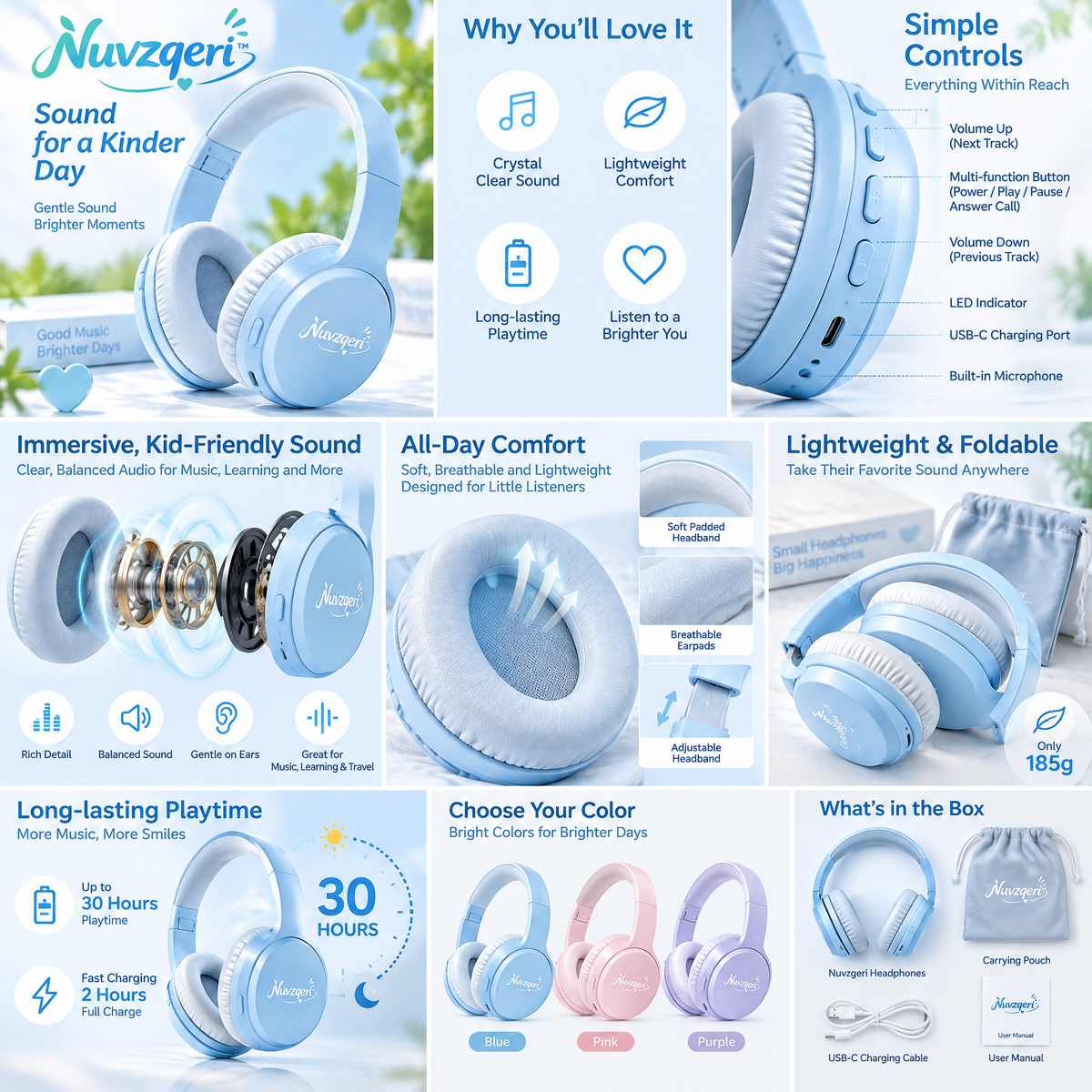 Nuvzqeri™ Wireless Over-Ear Headphones - Sky Blue — design and product details