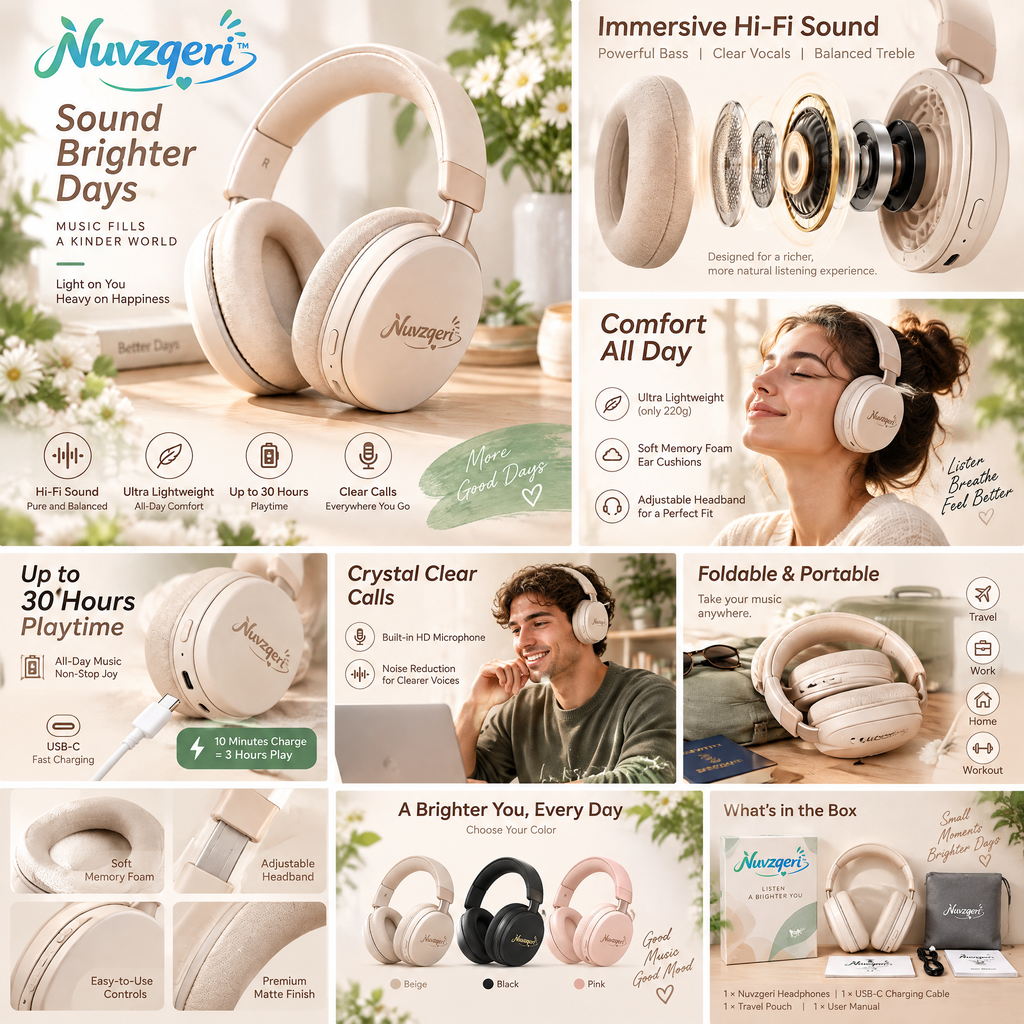 Nuvzqeri™ Wireless Over-Ear Headphones - Sand Beige — feature overview