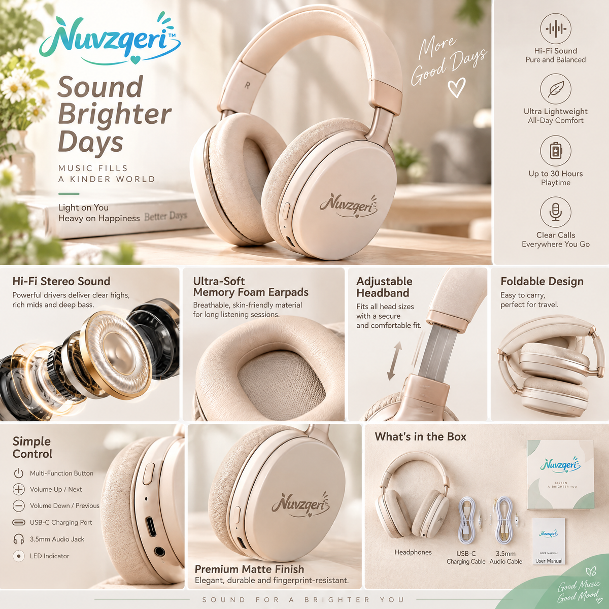 Nuvzqeri™ Wireless Over-Ear Headphones - Sand Beige — design and product details
