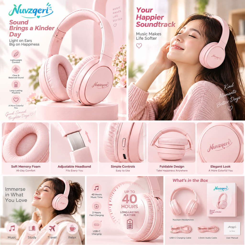 Nuvzqeri™ Wireless Over-Ear Headphones - Blush Pink — feature overview