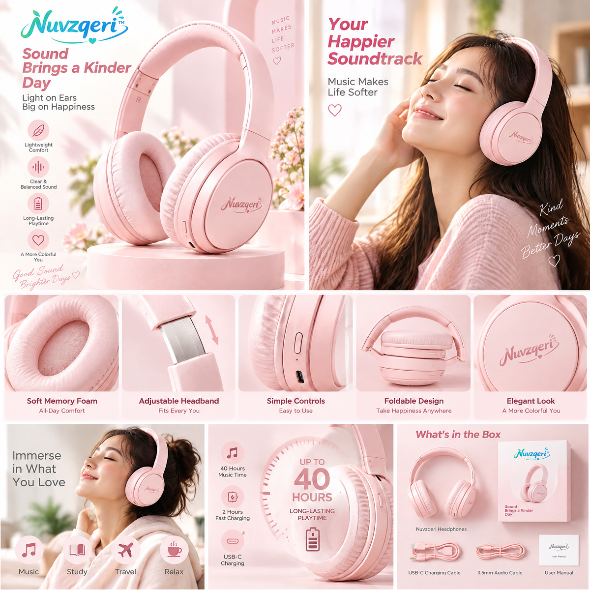 Nuvzqeri™ Wireless Over-Ear Headphones - Blush Pink — feature overview