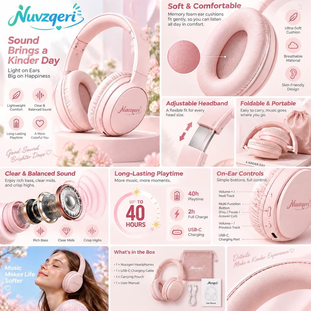 Nuvzqeri™ Wireless Over-Ear Headphones - Blush Pink — design and product details