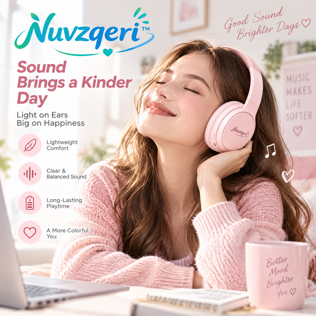 Nuvzqeri™ Wireless Over-Ear Headphones - Blush Pink — lifestyle photo