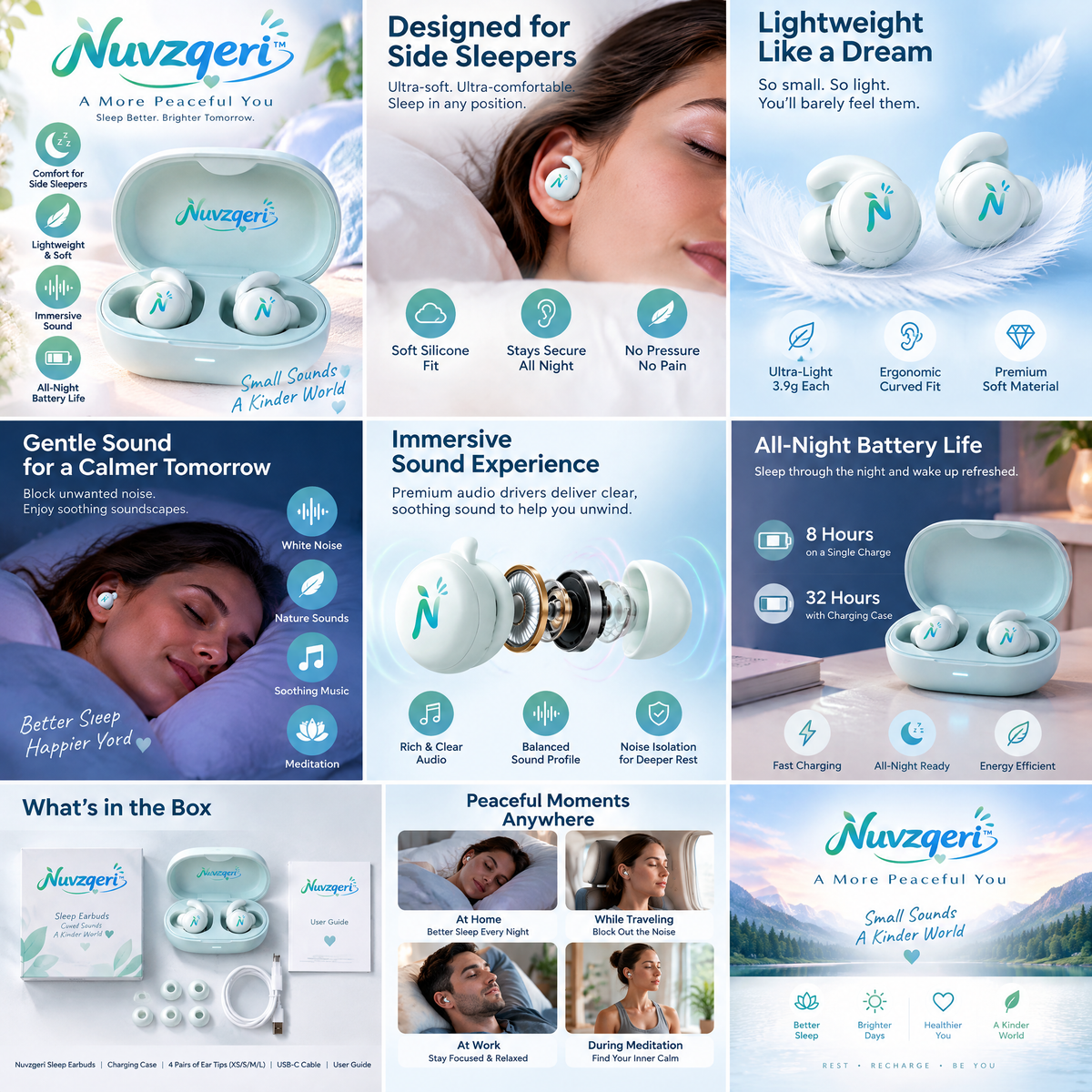 Nuvzqeri™ Wireless Sleep Earbuds with Fit Wings - Mint — feature overview