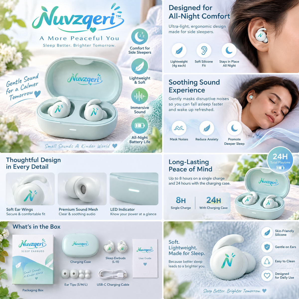 Nuvzqeri™ Wireless Sleep Earbuds with Fit Wings - Mint — design and product details