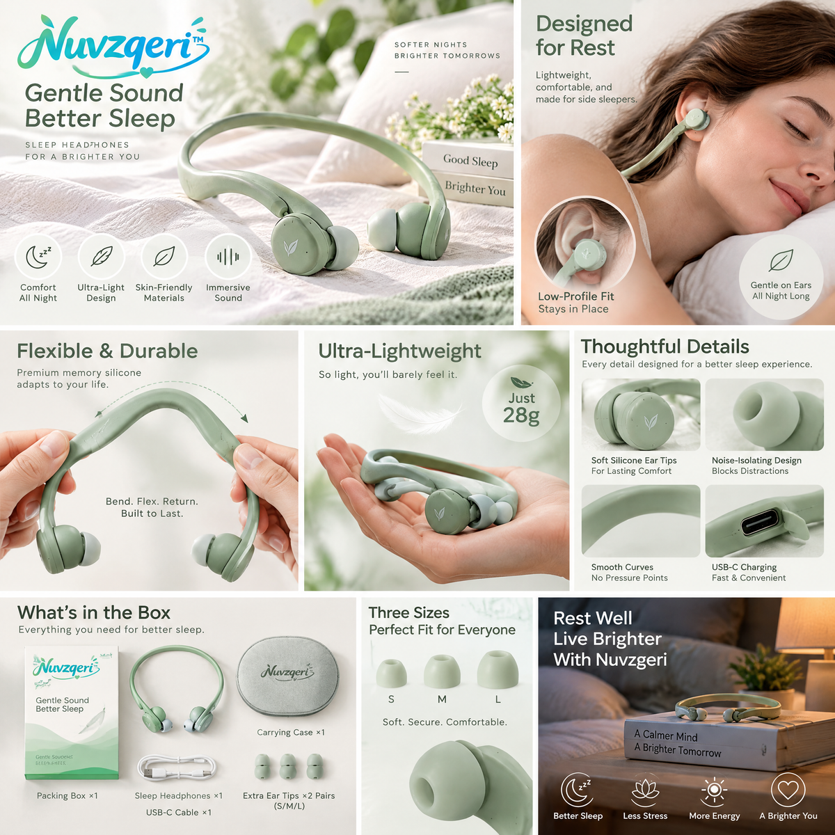 Nuvzqeri™ Behind-the-Head Sleep Headphones - Sage Green — design and product details