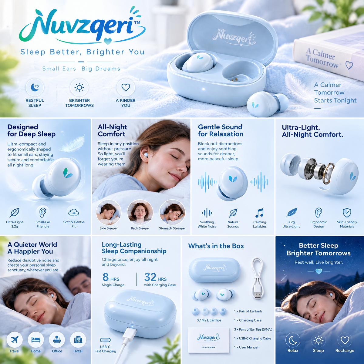 Nuvzqeri™ Compact Wireless Sleep Earbuds - Powder Blue — feature overview