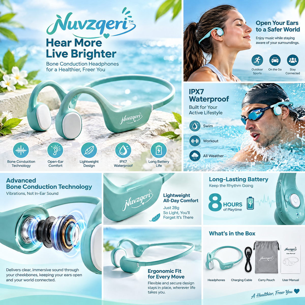 Nuvzqeri™ Open-Ear Bone Conduction Headphones - Mint — feature overview