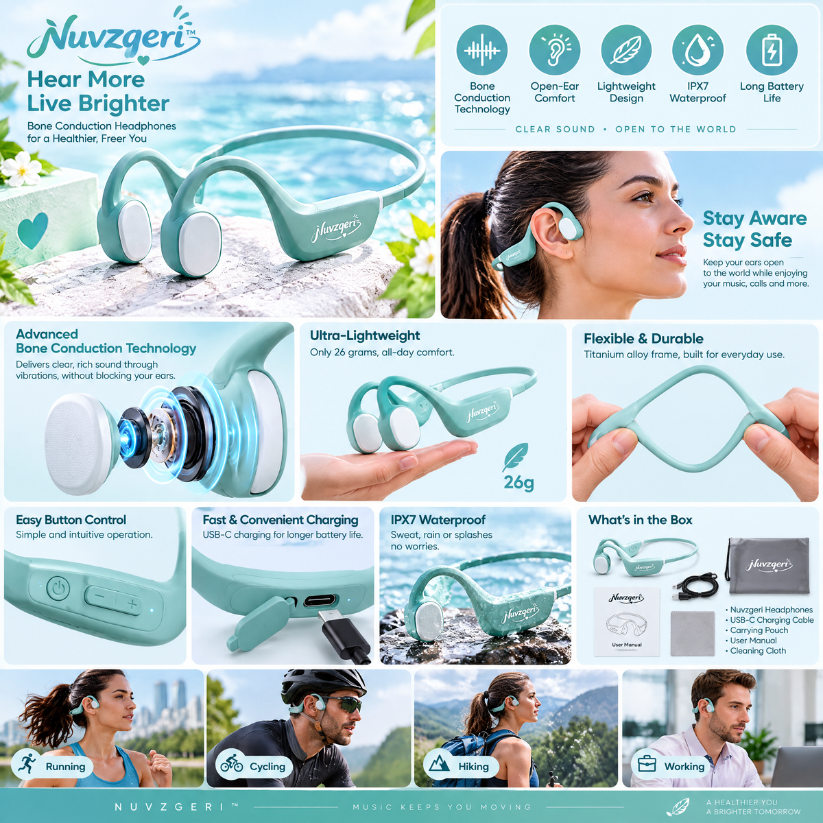 Nuvzqeri™ Open-Ear Bone Conduction Headphones - Mint — design and product details