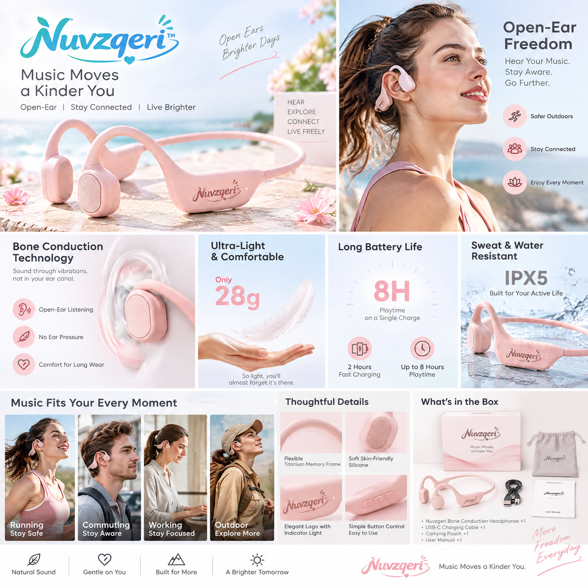 Nuvzqeri™ Open-Ear Bone Conduction Headphones - Blush Pink — feature overview