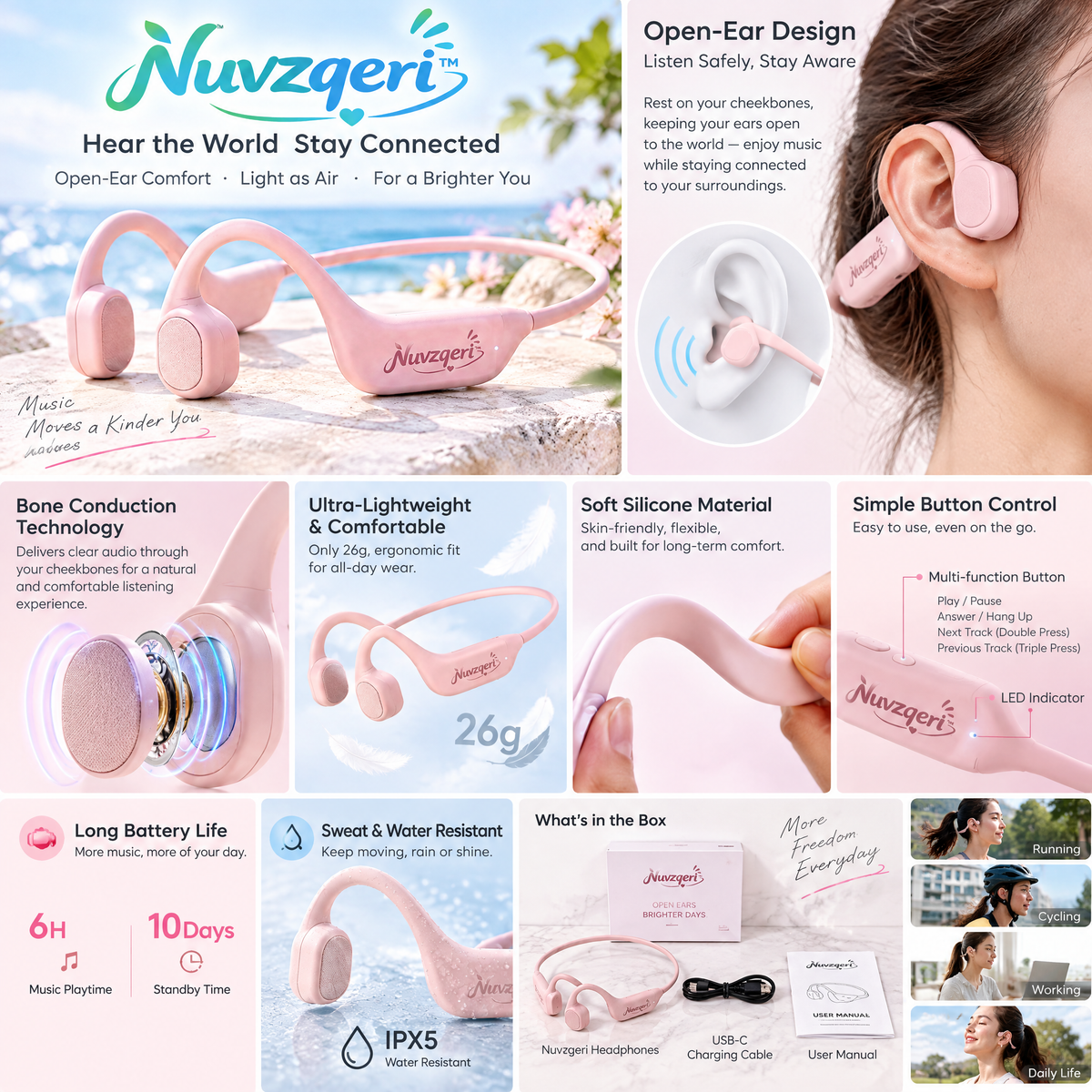 Nuvzqeri™ Open-Ear Bone Conduction Headphones - Blush Pink — design and product details