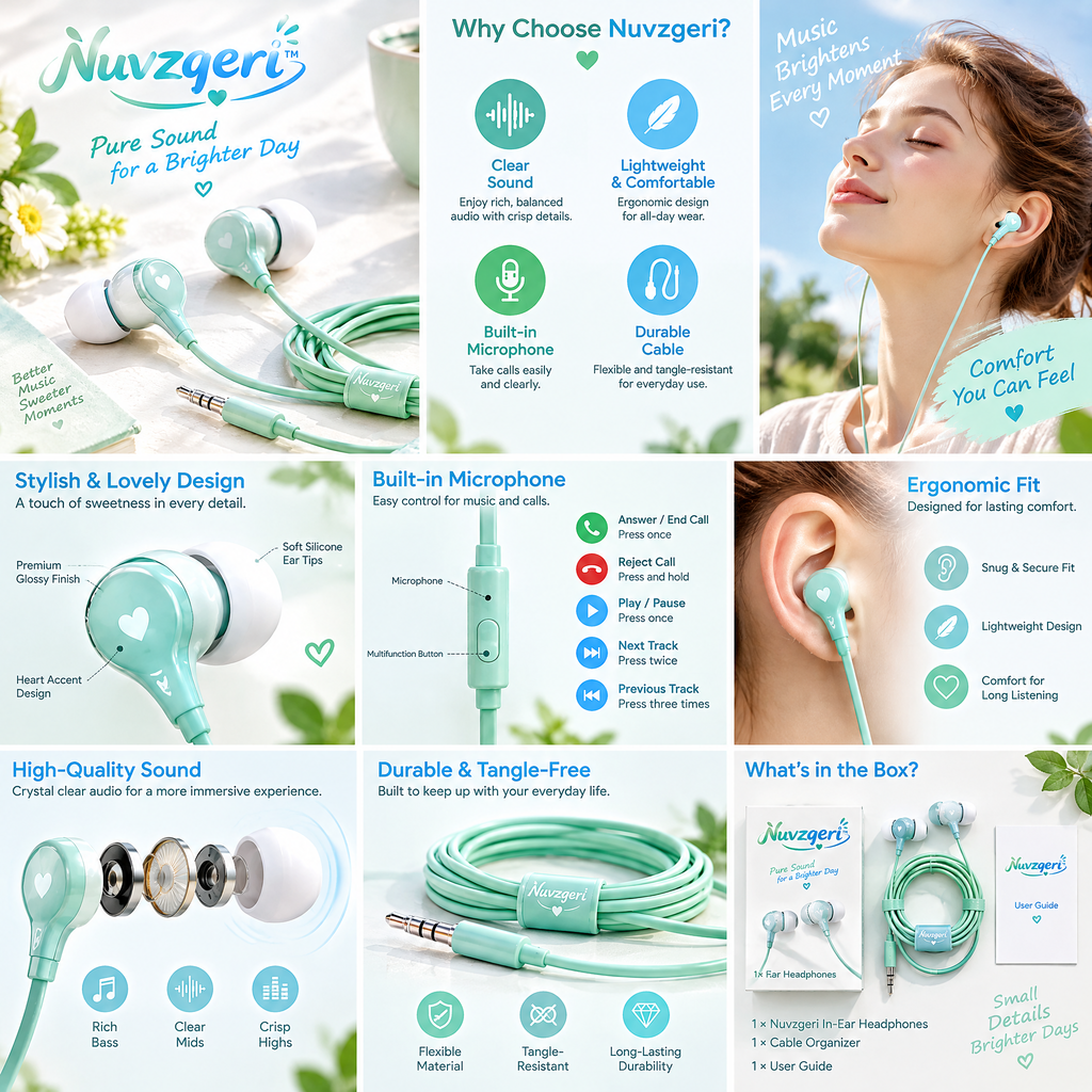 Nuvzqeri™ 3.5mm Wired Earbuds with Mic - Mint — feature overview