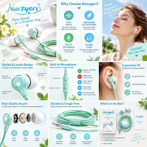 Nuvzqeri™ 3.5mm Wired Earbuds with Mic - Mint — feature overview
