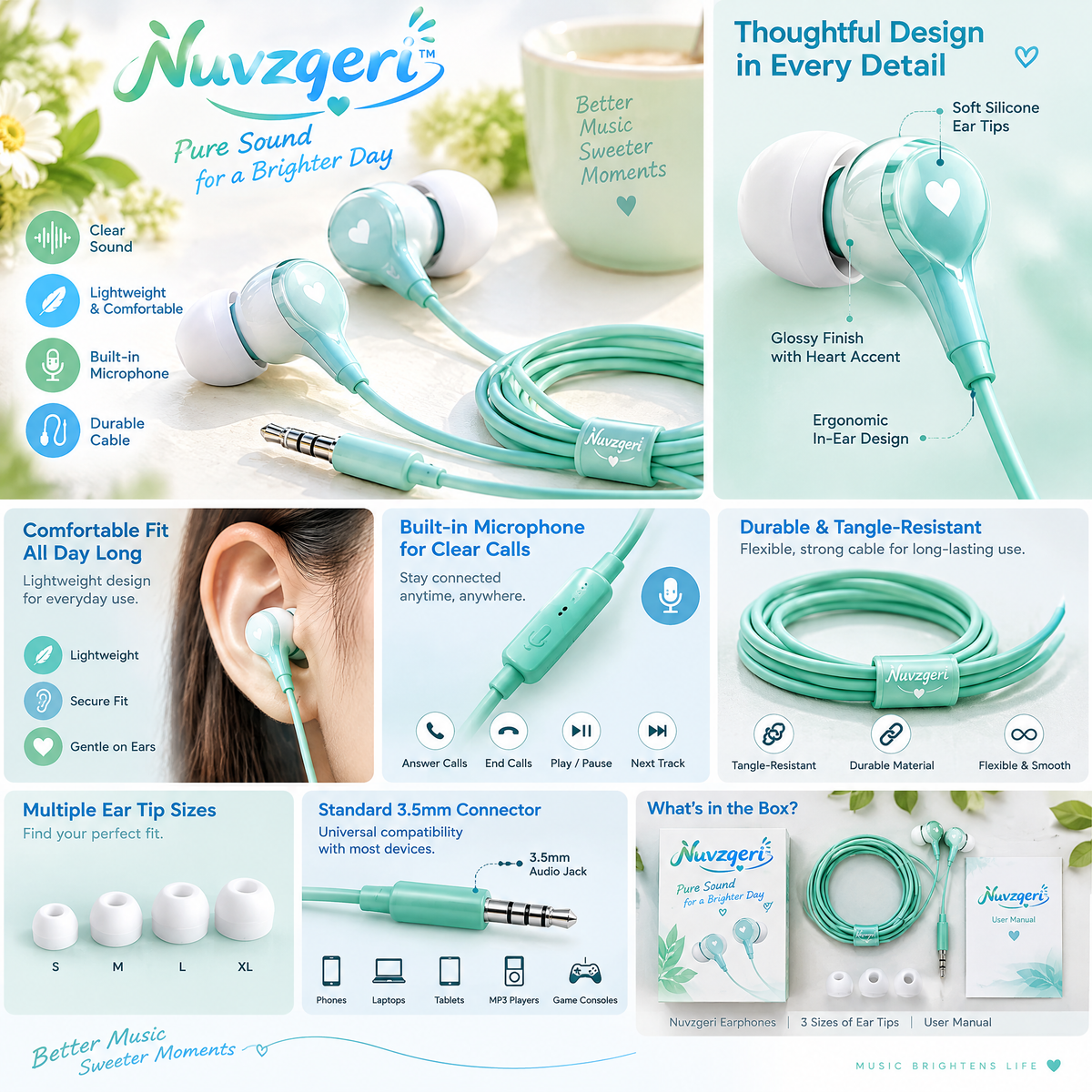 Nuvzqeri™ 3.5mm Wired Earbuds with Mic - Mint — design and product details