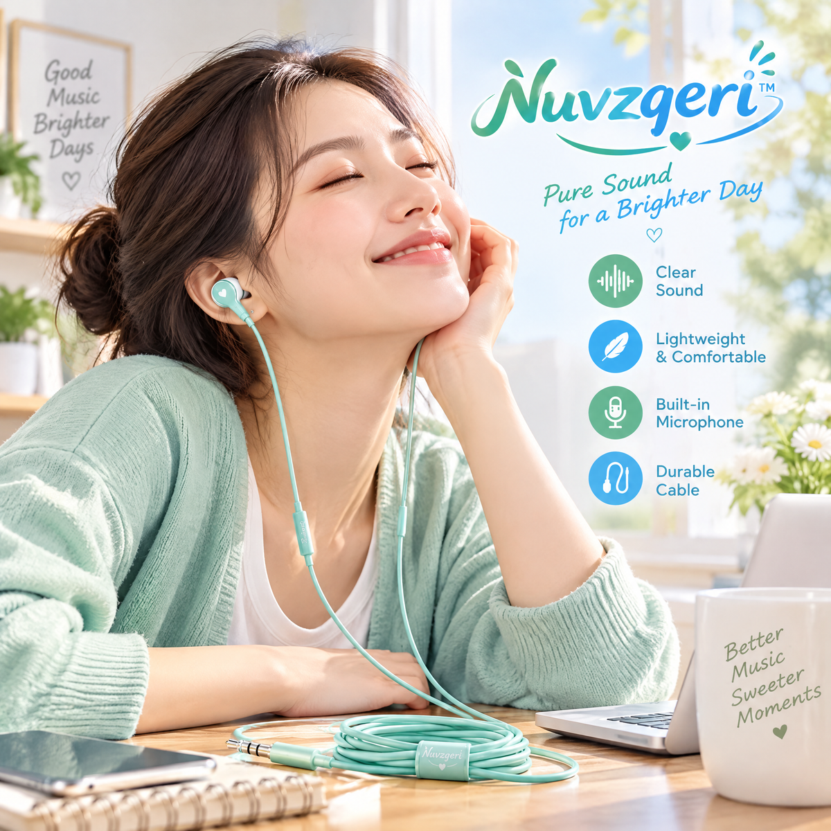 Nuvzqeri™ 3.5mm Wired Earbuds with Mic - Mint — lifestyle photo