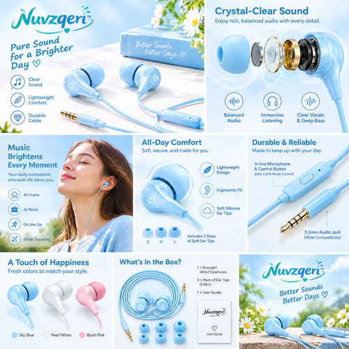 Nuvzqeri™ 3.5mm Wired Earbuds - Sky Blue — feature overview