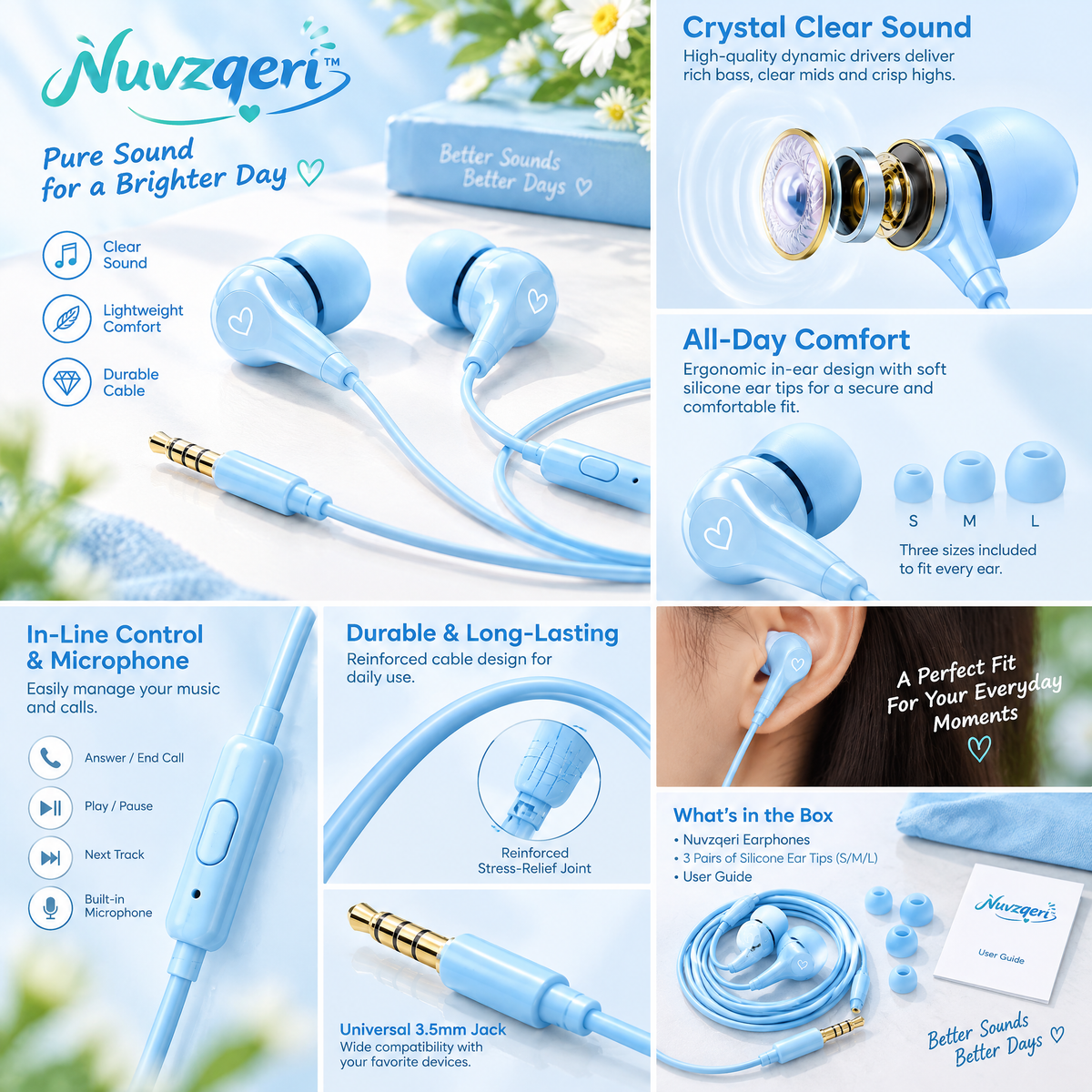 Nuvzqeri™ 3.5mm Wired Earbuds - Sky Blue — design and product details
