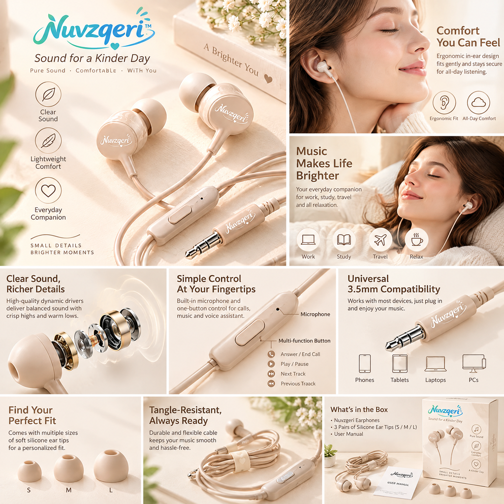 Nuvzqeri™ 3.5mm Wired Earbuds - Sand Beige — feature overview