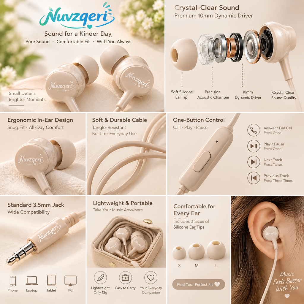 Nuvzqeri™ 3.5mm Wired Earbuds - Sand Beige — design and product details